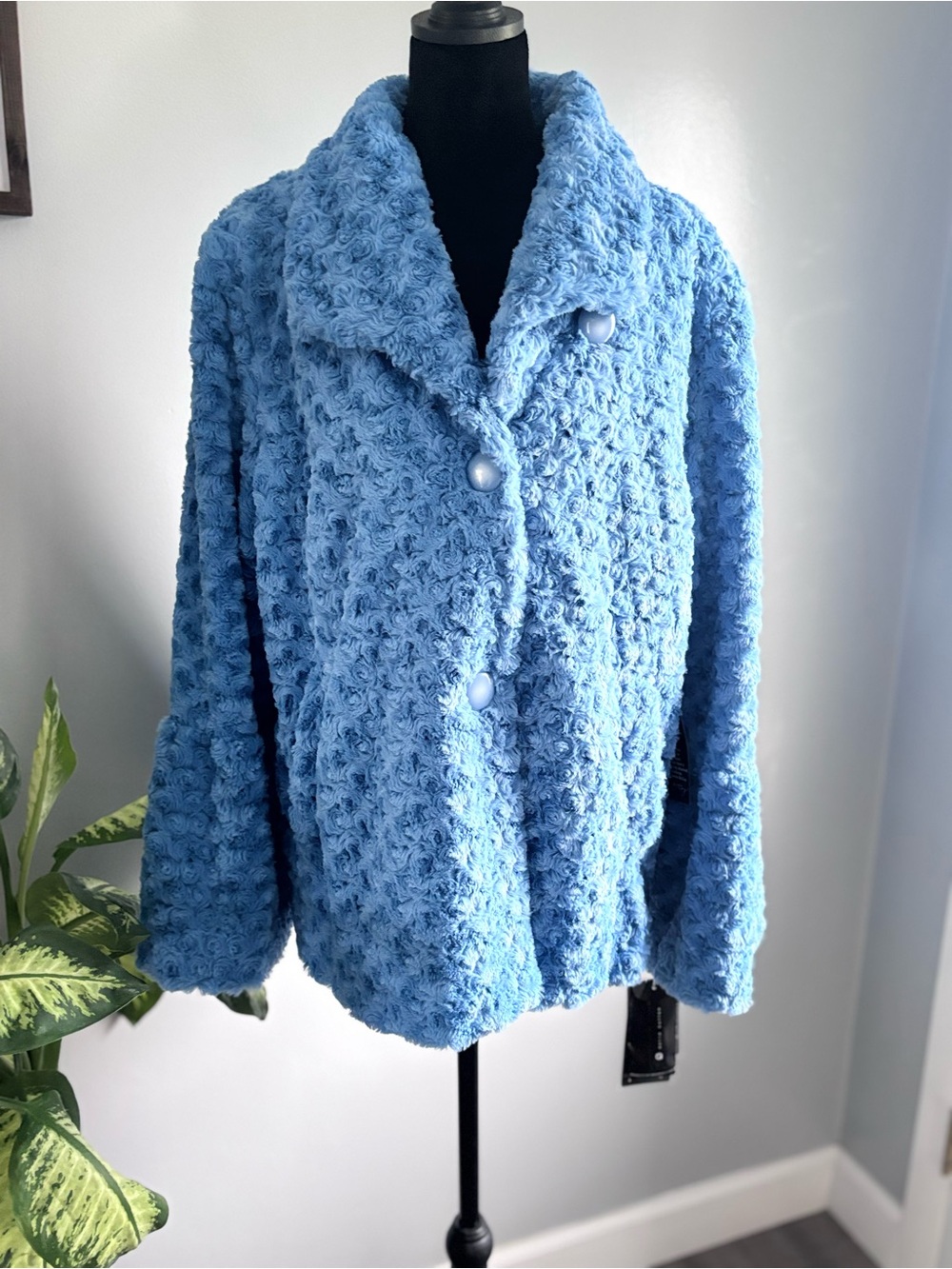 Pamela McCoy Light Blue Faux-Fur Teddy Button Jacket